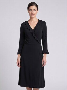 Laundry by Shelli Segal Black Ruffle V-Neck Faux Wrap Midi Dress - Size 12